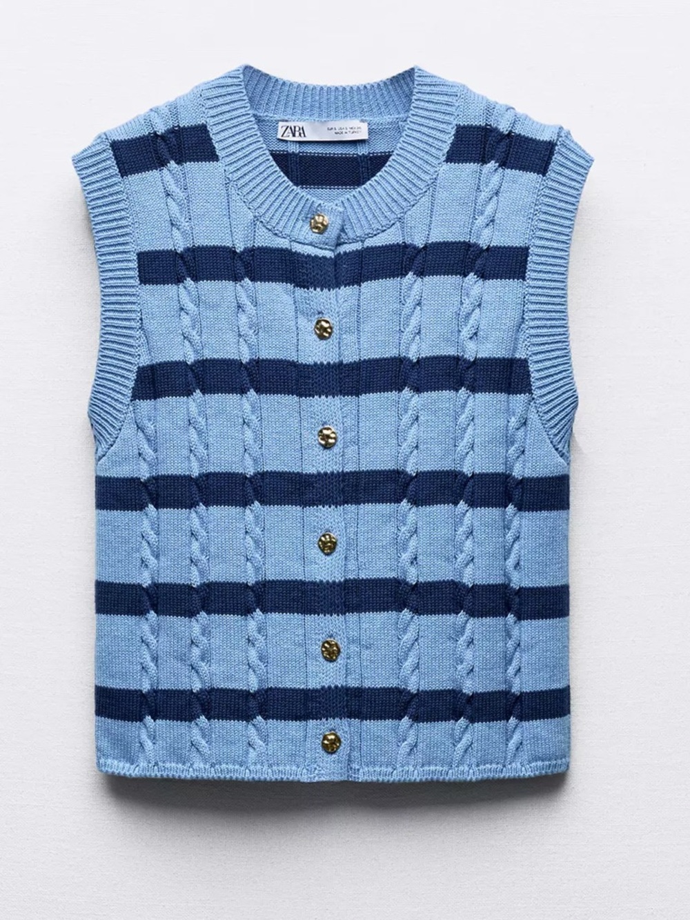 Zara Striped Cable-Knit Gold Button Sleeveless Top Size Small